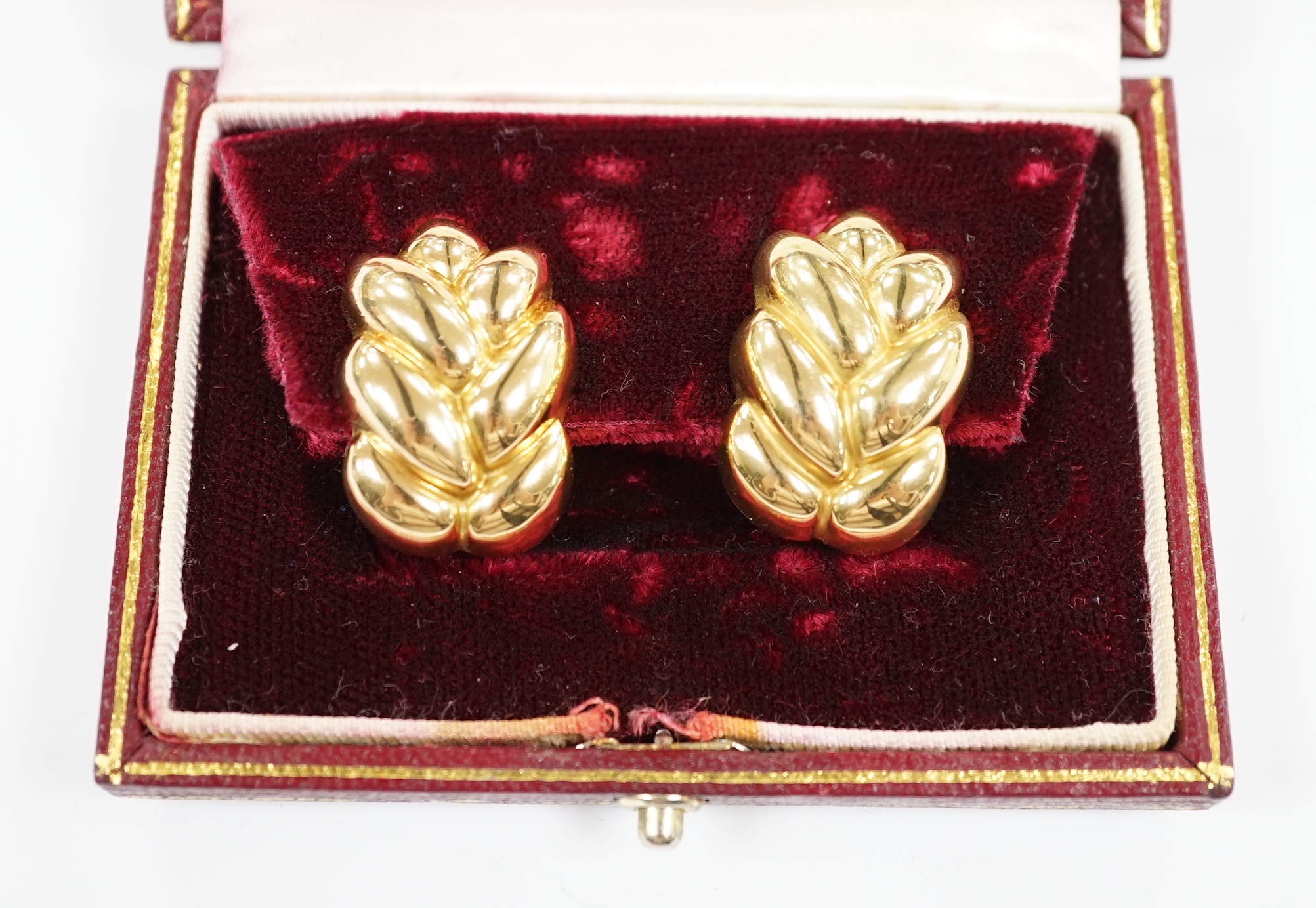 A modern pair of 18ct 'oak leaf' earrings, by Asprey & Co, 26mm, in Asprey & Co gilt tooled leather box